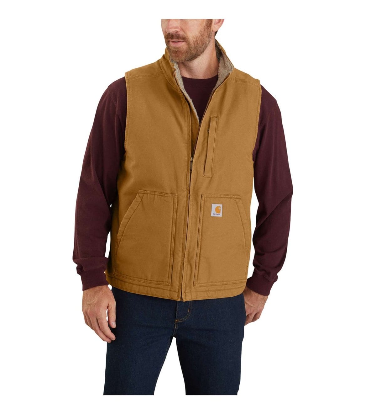 0013555  washed duck sherpa lined mock neck vest 104277 brown carhartt 1